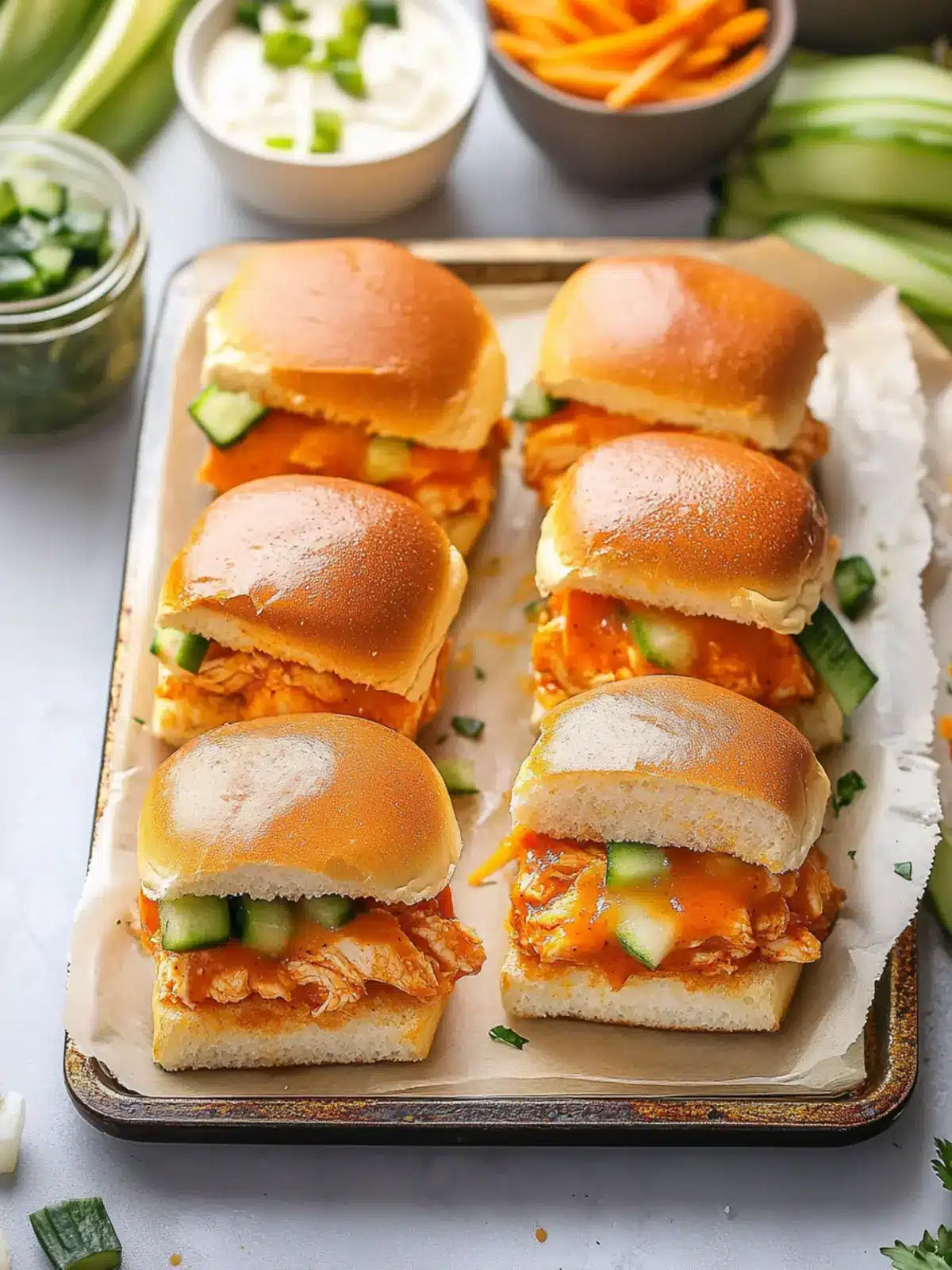Savory Sheet Pan Buffalo Chicken Sliders for Easy Game Day Magic 4 Sheet Pan Buffalo Chicken Sliders